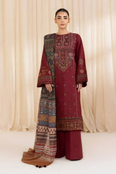 WINTER-3PC DHANAK EMBROIDERED SHIRT WITH COURTRAI PRINTED SHAWL AND TROUSER-4065