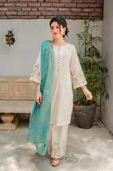 WINTER- 3PC DHANAK EMBROIDERED SHIRT WITH COUTURE WOOL PRINT SHAWL AND TROUSER-3116