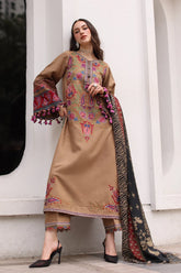 WINTER-3PC DHANAK EMBROIDERED SHIRT WITH COUTRAI PRINTED SHAWL AND EMB TROUSER-5319