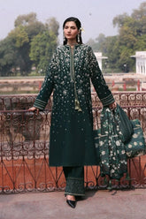 WINTER-3PC DHANAK EMBROIDERED SHIRT WITH COUTRAI PRINTED SHAWL AND EMB TROUSER-5273