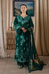 WINTER-3PC DHANAK CHIKAN EMBROIDERED SHIRT WITH COUTRAI PRINTED SHAWL AND TROUSER-5300