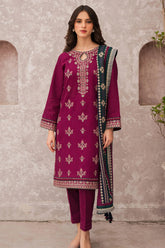 WINTER-3PC DHANAK EMBROIDERED SHIRT WITH WOOL PRINTED SHAWL AND TROUSER-5005