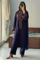 WINTER-3PC DHANAK EMBROIDERED SHIRT WITH BAMBER CHIFFON DUPATTA AND EMB TROUSER-4076