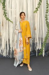 WINTER- 3PC DHANAK EMBROIDERED SHIRT WITH COURTRAI PRINTED SHAWL & TROUSER-1415
