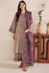 WINTER-3PC DHANAK EMBROIDERED SHIRT WITH COURTRAI PRINTED SHAWL AND EMB TROUSER-