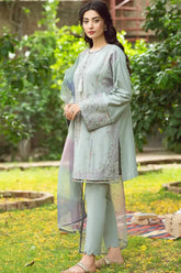 WINTER- 3PC DHANAK EMBROIDERED SHIRT WITH ORGANZA PRINTED DUPATTA & TROUSER-2542