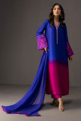 WINTER-3PC SHAMOZE SILK PRINTED EMB SHIRT WITH SOFT SILK Tye & Dye DUPATTA & TROUSER-9007