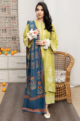 WINTER-3PC DHANAK EMBROIDERED SHIRT WITH COUTURE WOOL PRINT SHAWL AND EMB TROUSER-4013