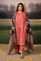 WINTER-3PC DHANAK EMBROIDERED SHIRT WITH COURTRAI PRINTED SHAWL AND EMB TROUSER-4204