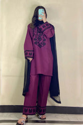 WINTER-3PC DHANAK EMBROIDERED SHIRT WITH CHIFFON DUPATTA AND EMB TROUSER -4168