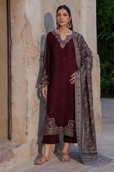 WINTER-3PC DHANAK EMBROIDERED SHIRT WITH COURTRAI PRINTED SHAWL & TROUSER-4364