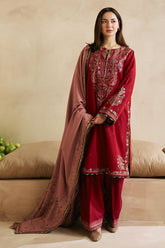WINTER-3PC DHANAK EMBROIDERED SHIRT WITH CORTRAI WOOL PRINTED SHAWL AND EMB TROUSER-4042