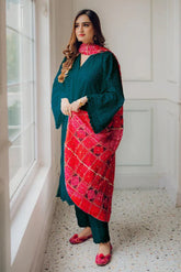 SUMMER-3PC CHIKANKAARI LAWN EMBROIDERED SHIRT WITH CHUNRI PRINT DUPATTA AND TROUSER-4558-Z