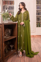 WINTER-3PC DHANAK EMBROIDERED SHIRT WITH CHIFFON DUPATTA AND TROUSER-4084