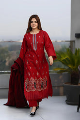 WINTER-3PC KHADDAR CUTWORK EMBROIDERED SHIRT WITH KASHMIRI JACQUARD WOOL SHAWL-1552
