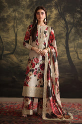 WINTER-3PC SHAMOZ SILK PRINT EMBROIDERED SHIRT WITH SOFT SILK PRINT EMBROIDERED DUPATTA & EMB SILK TROUSER-4590