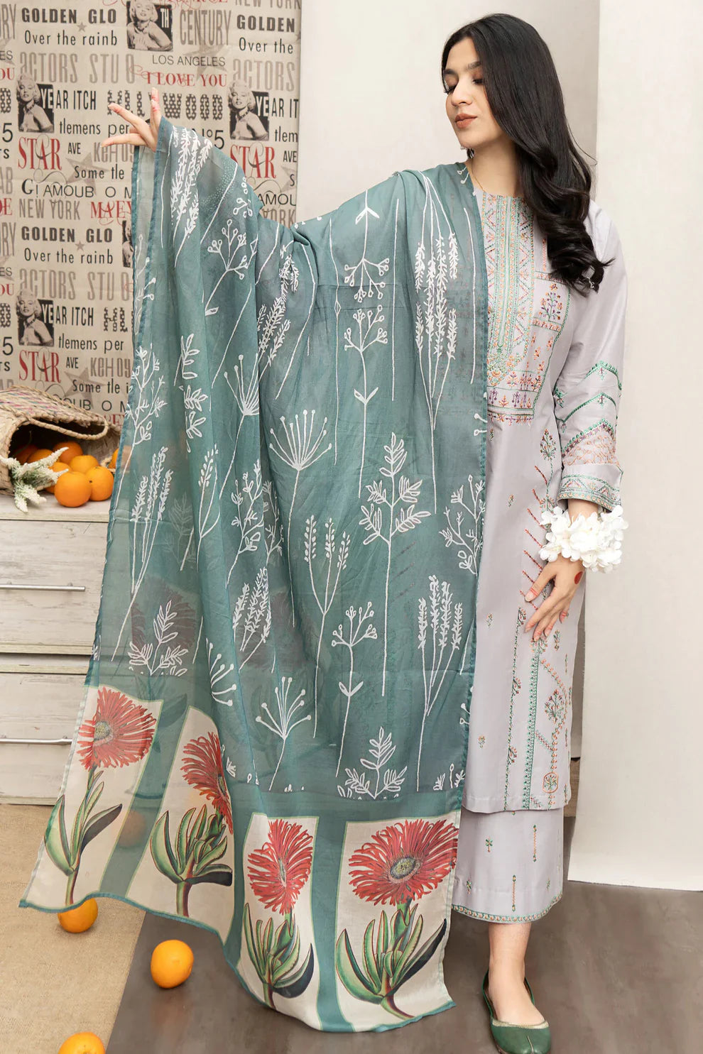 WINTER- 3PC DHANAK EMBROIDERED SHIRT WITH COUTUTRE PRINTED SHAWL & EMB TROUSER-1639