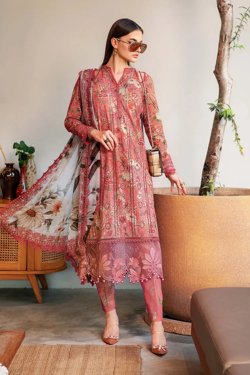SUMMER-3PC LAWN PRINTED EMB SHIRT WITH CHIFFON PRINT DUPATTA AND PRINT TROUSER-2505