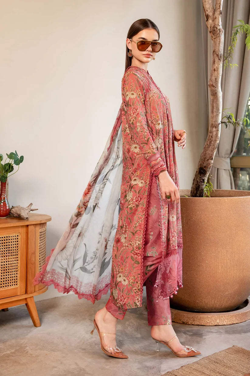 SUMMER-3PC LAWN PRINTED EMB SHIRT WITH CHIFFON PRINT DUPATTA AND PRINT TROUSER-2505