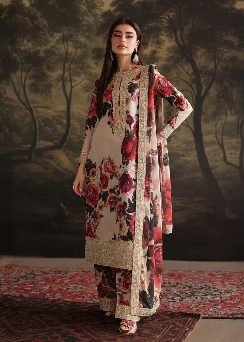 WINTER-3PC SHAMOZ SILK PRINT EMBROIDERED SHIRT WITH SOFT SILK PRINT EMBROIDERED DUPATTA & EMB SILK TROUSER-1706