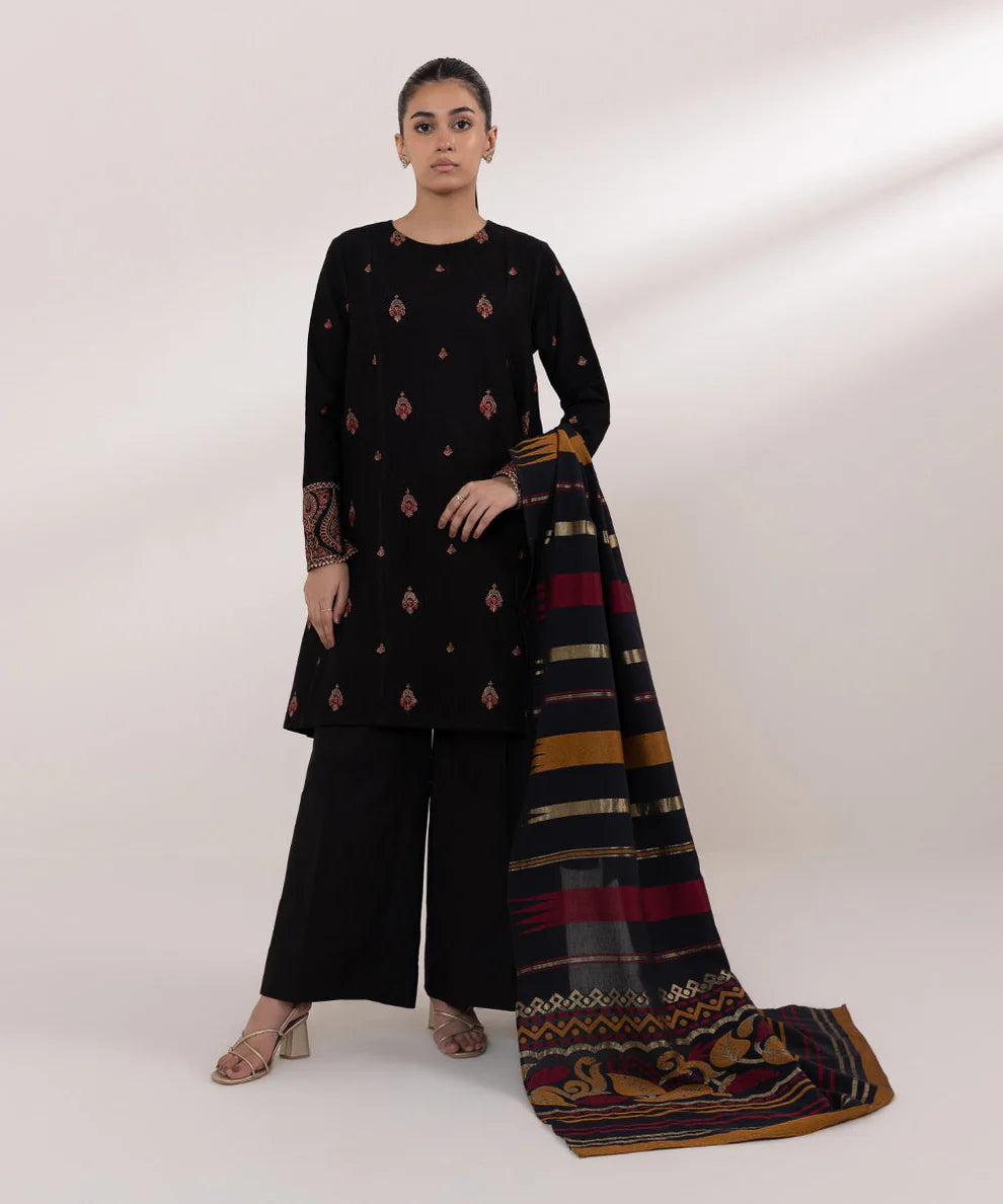 WINTER-3PC DHANAK EMBROIDERED SHIRT WITH COURTRAI PRINTED SHAWL AND TROUSER-4061