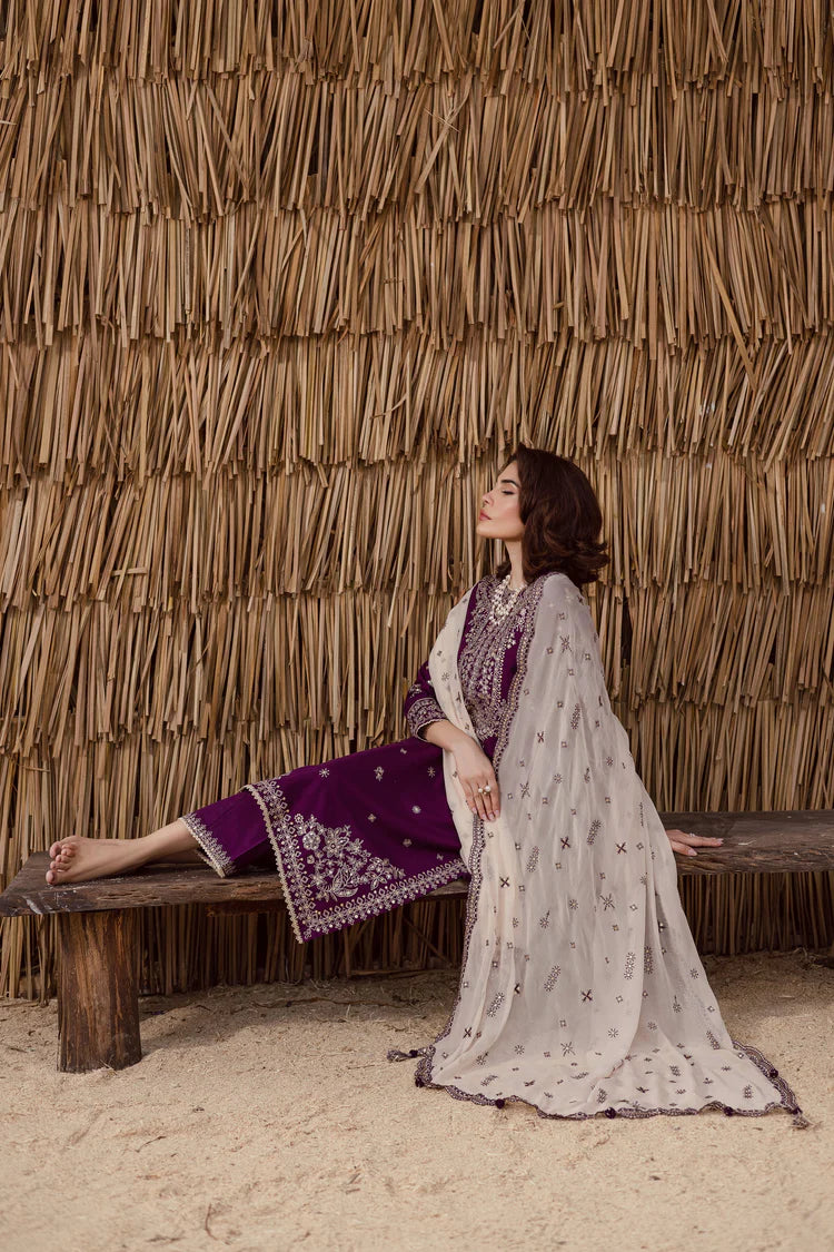 WINTER-3PC DHANAK EMBROIDERED SHIRT WITH DHANAK EMBROIDERED SHAWL AND TROUSER-4338