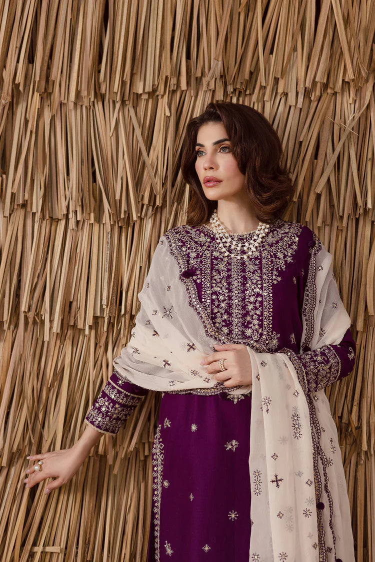 WINTER-3PC DHANAK EMBROIDERED SHIRT WITH DHANAK EMBROIDERED SHAWL AND TROUSER-4338