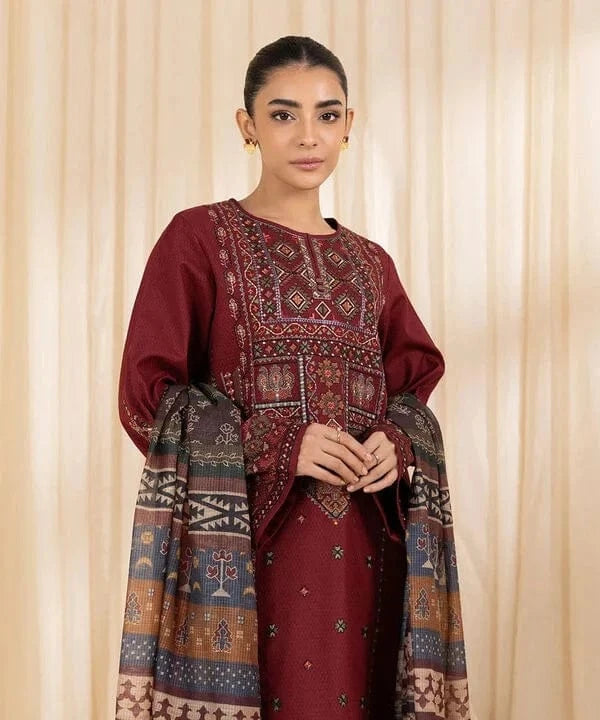 WINTER-3PC DHANAK EMBROIDERED SHIRT WITH COURTRAI PRINTED SHAWL AND TROUSER-4065