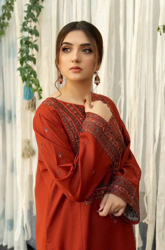WINTER- 3PC DHANAK EMBROIDERED SHIRT WITH COUTURE WOOL PRINT SHAWL AND TROUSER-2692
