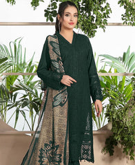 SUMMER-3PC CHIKANKAARI LAWN EMBROIDERED SHIRT WITH MONARK PRINT DUPATTA AND TROUSER-4052 MUNGIYA