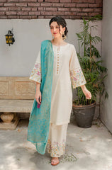 WINTER- 3PC DHANAK EMBROIDERED SHIRT WITH COUTURE WOOL PRINT SHAWL AND TROUSER-3116