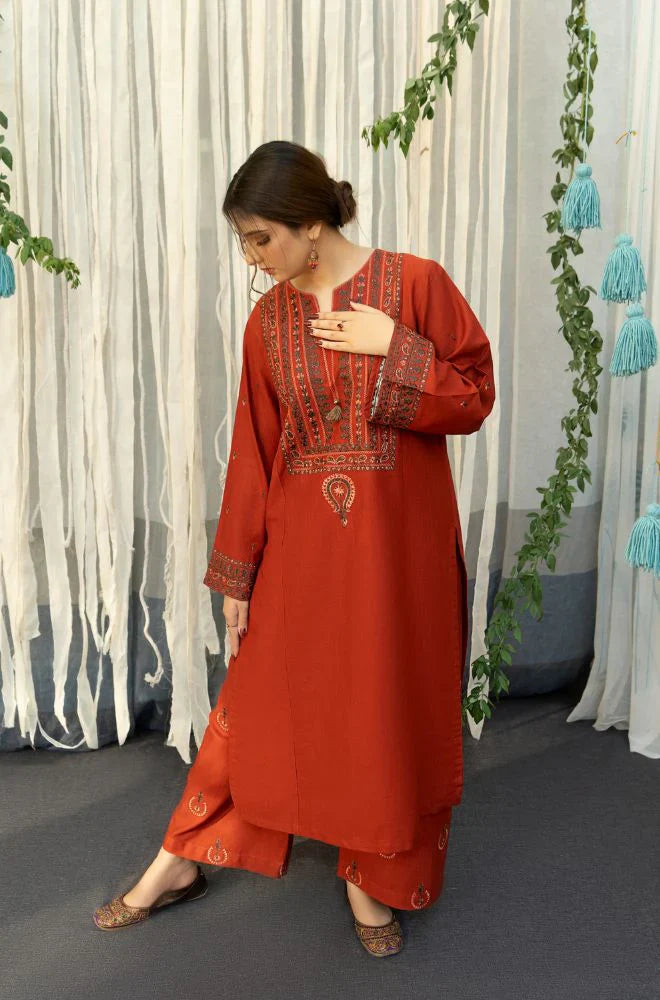 WINTER- 3PC DHANAK EMBROIDERED SHIRT WITH COUTURE WOOL PRINT SHAWL AND TROUSER-2692