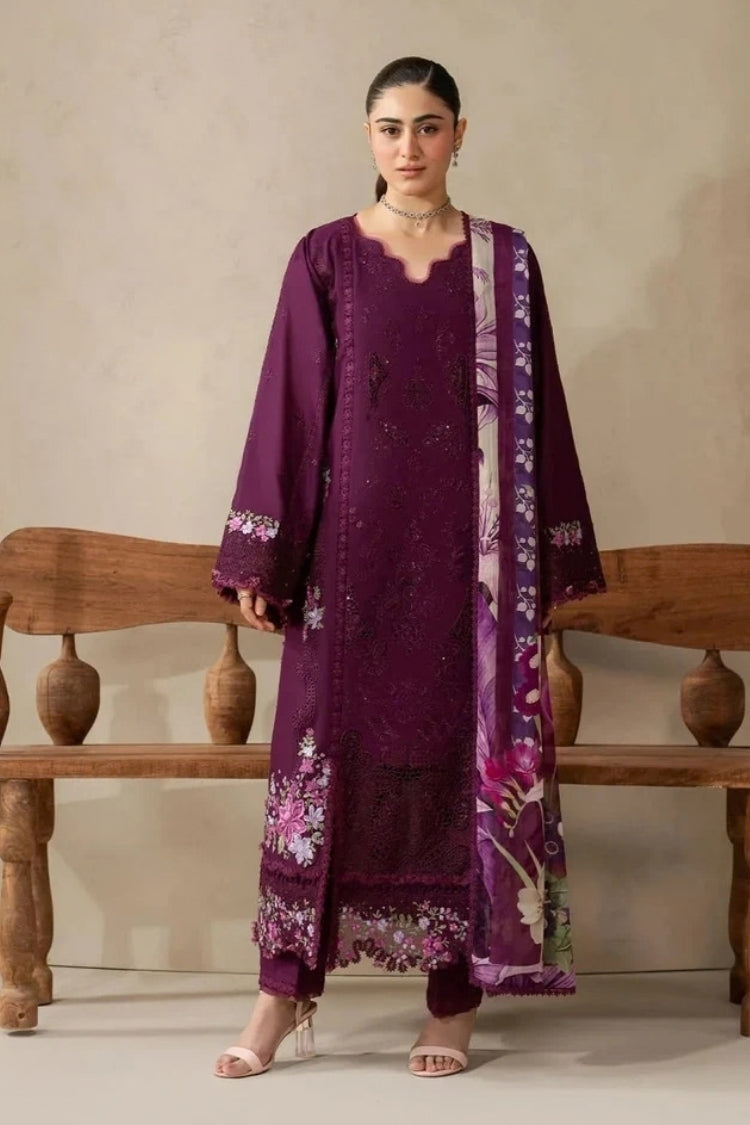 WINTER_3PC DHANAK EMBROIDERED SHIRT WITH COUTRAI PRINTED SHAWL AND TROUSER-5253