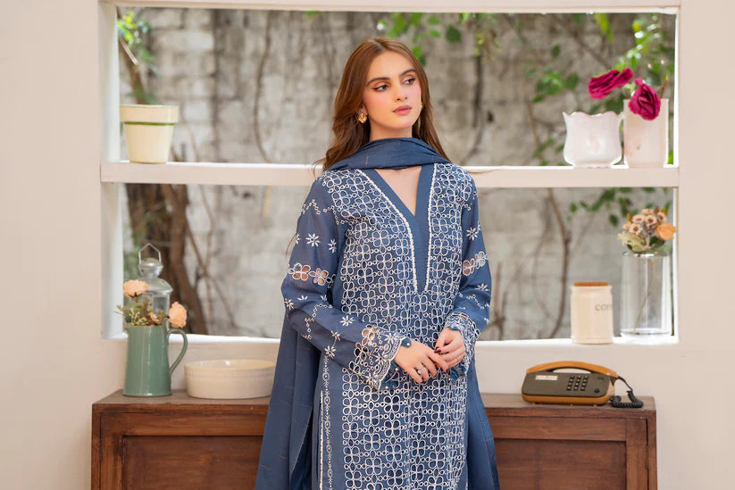 SUMMER-3PC LAWN CHIKENKARI EMBROIDERED SHIRT WITH LAWN TUBE SLUB DUPATTA-6600