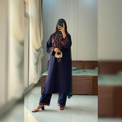 WINTER-3PC DHANAK EMBROIDERED SHIRT WITH BAMBER CHIFFON DUPATTA AND EMB TROUSER-4076