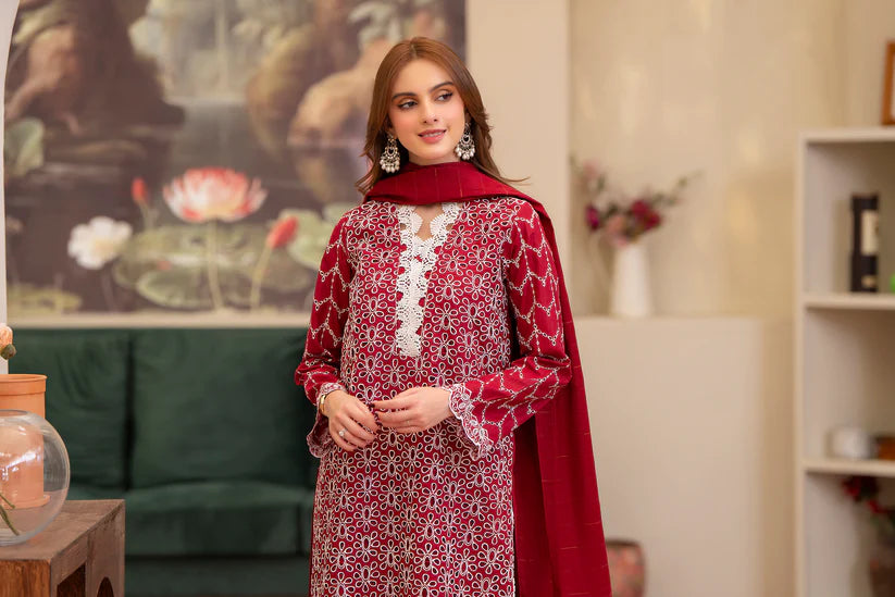 SUMMER-3PC LAWN CHIKENKARI EMBROIDERED SHIRT WITH LAWN TUBE SLUB DUPATTA-6500