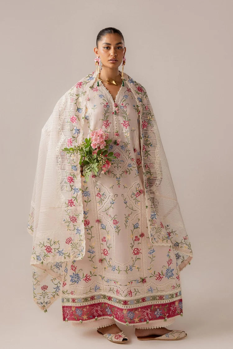 WINTER-3PC DHANAK EMBROIDERED SHIRT WITH KHADDI NET EMB DUPATTA & TROUSER-5187