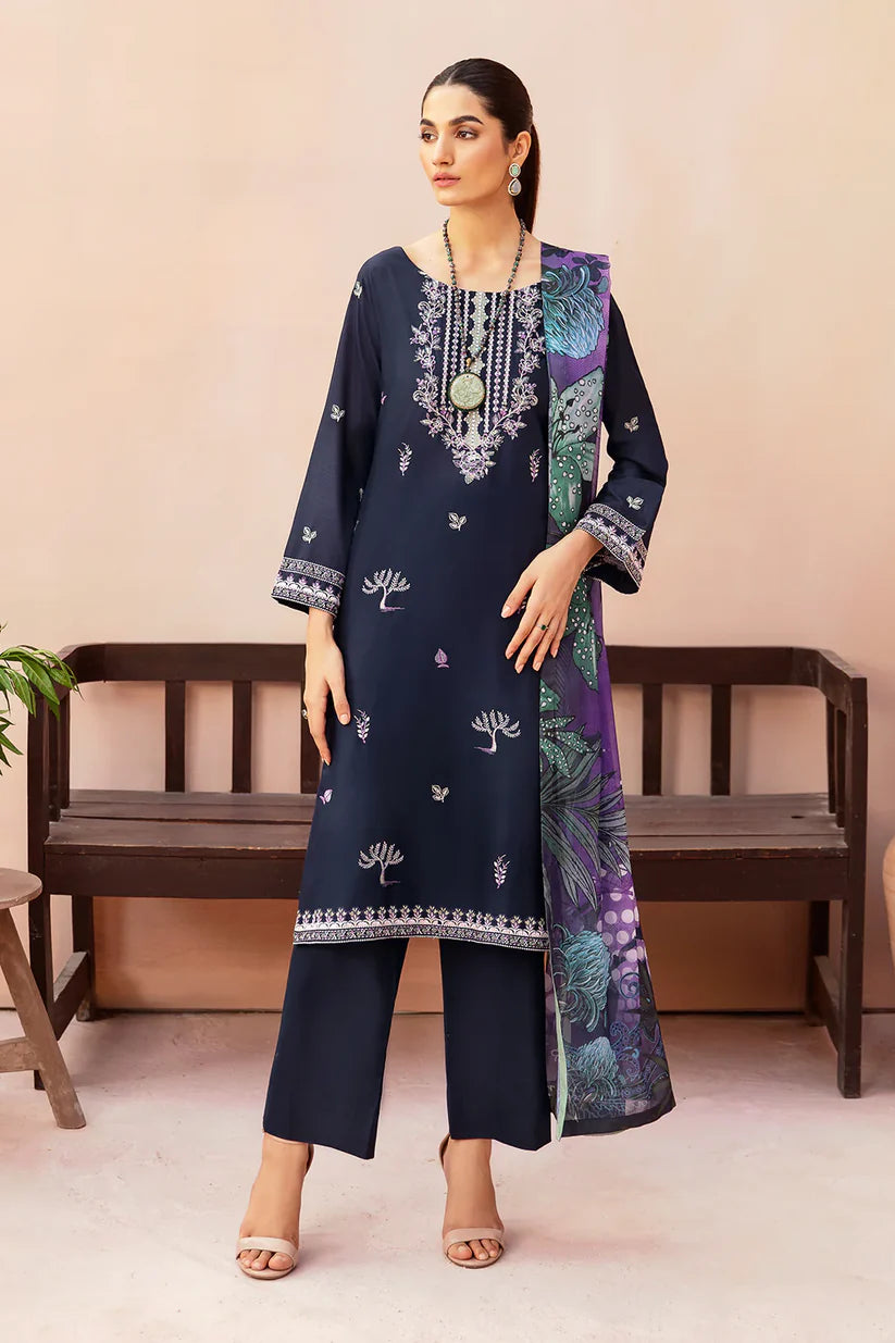 WINTER-3PC DHANAK EMBROIDERED SHIRT WITH COUTURE PRINTED SHAWL & TROUSER-3323
