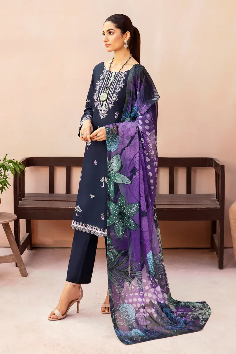WINTER-3PC DHANAK EMBROIDERED SHIRT WITH COUTURE PRINTED SHAWL & TROUSER-3323