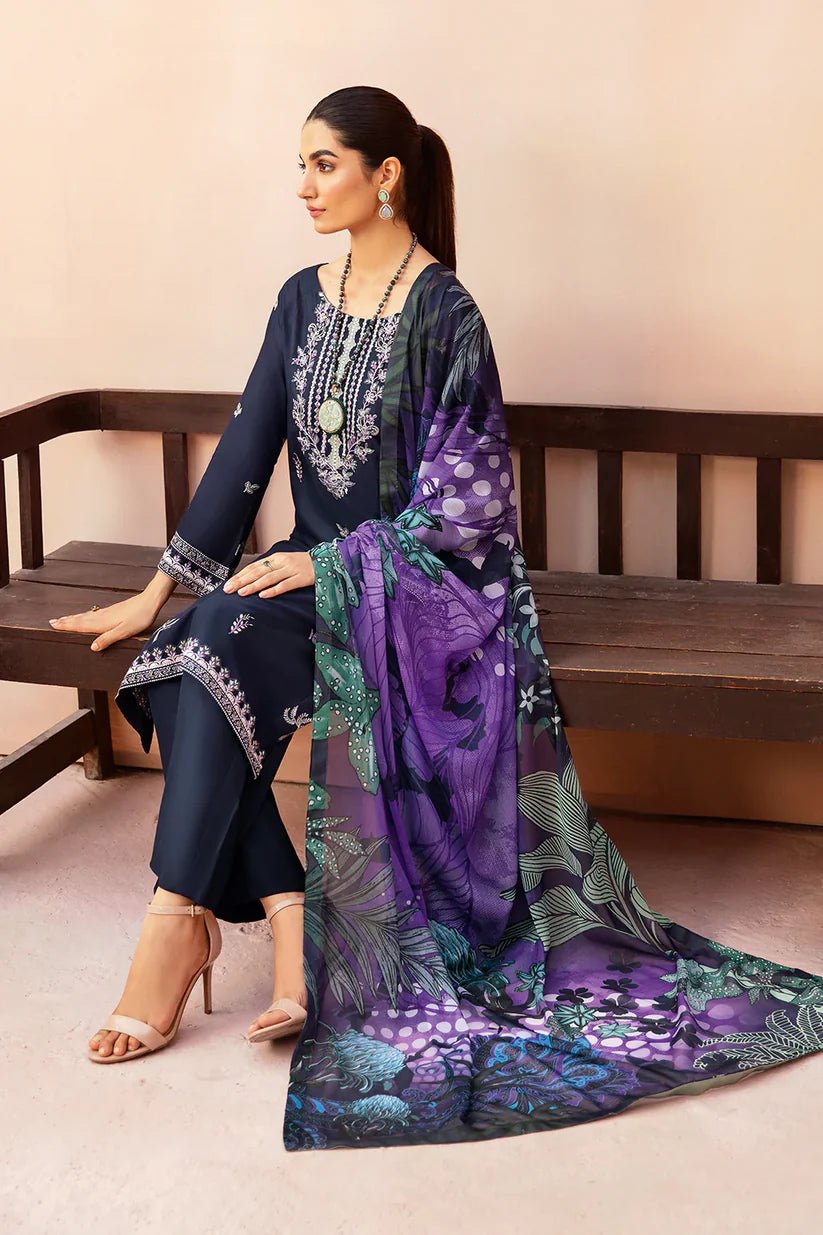 WINTER-3PC DHANAK EMBROIDERED SHIRT WITH COUTURE PRINTED SHAWL & TROUSER-3323