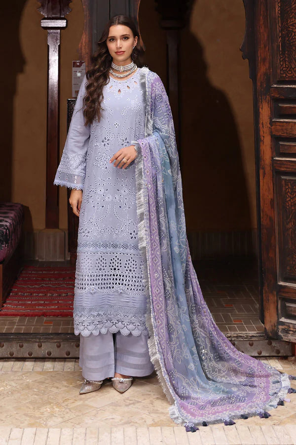 SUMMER-3PC LAWN CHIKANKARI EMBROIDERED SHIRT WITH MONARK PRINTED DUPATTA AND EMB TRPUSER-3709
