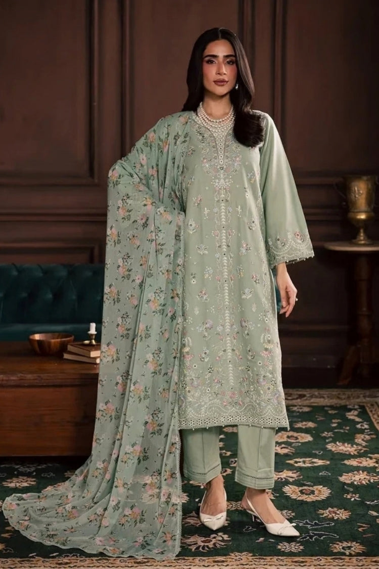 WINTER-3PC DHANAK EMBROIDERED SHIRT WITH COUTRAI PRINTED SHAWL AND TROUSER-5191
