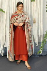 WINTER- 3PC DHANAK EMBROIDERED SHIRT WITH COUTURE WOOL PRINT SHAWL AND TROUSER-2692