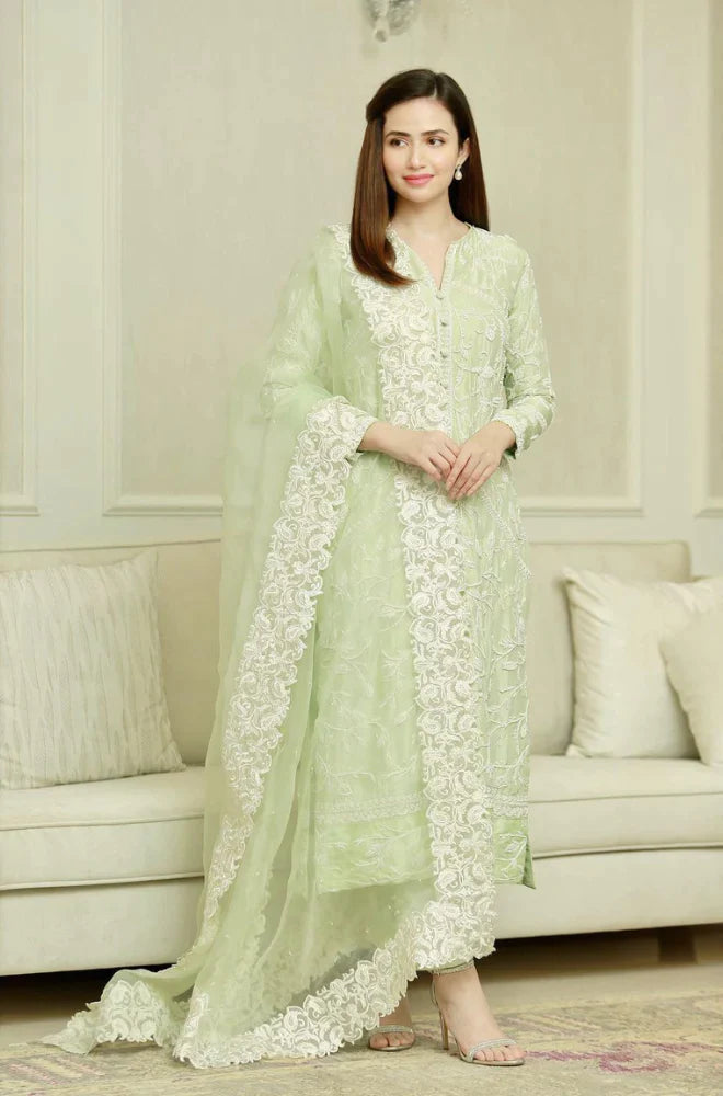 SUMMER- 3PC LAWN EMBROIDERED SHIRT WITH ORGANZA EMBROIDERED DUPATTA & TROUSER-4605