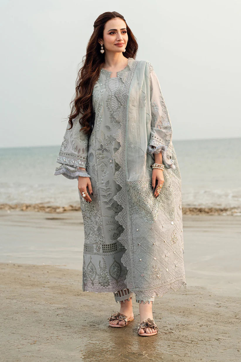WINTER-3PC DHANAK LASER WORK EMBROIDERED SHIRT WITH CHIFFON EMBROIDERED DUPATTA & TROUSER-4214
