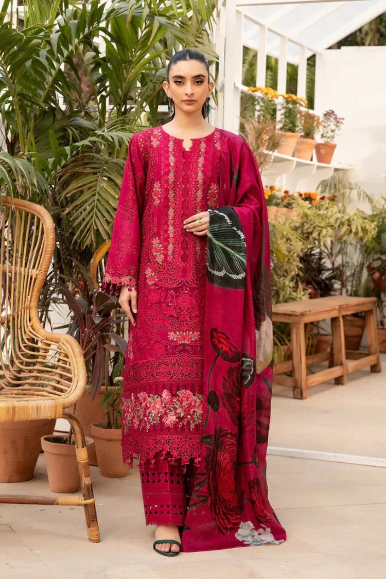 SUMMER-3PC LAWN CHIKANKARI EMBROIDERED SHIRT WITH CHIFOON PRINTED DUPATTA AND EMB TROUSER-4736