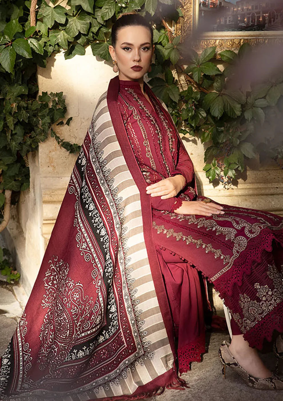 WINTER- 3PC DHANAK EMBROIDERED SHIRT WITH COUTURE WOOL PRINT SHAWL AND DHANAK TROUSER-3110
