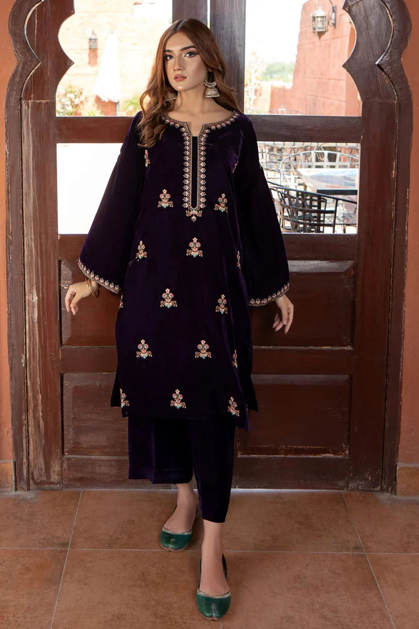WINTER- 2PC VELVET HEAVT EMBROIDERED SHIRT WITH VELEVT EMBROIDERED SLEEVES & VELVET TROUSER-D22 MICROO 9000