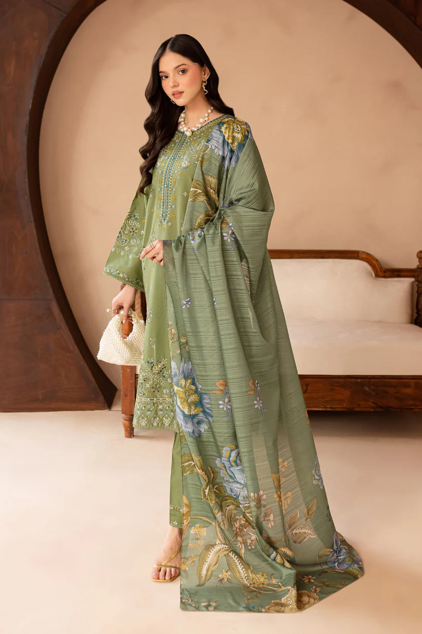 SUMMER-3PC LAWN EMBROIDERED SHIRT WITH MONARK PRINT DUPATTA AND EMB TROUSER-3700