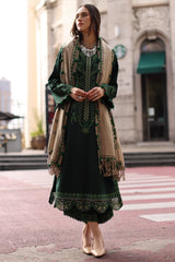 WINTER-3PC DHANAK EMBROIDERED SHIRT WITH COUTRAI PRINTED SHAWL AND EMB TROUSER-5321